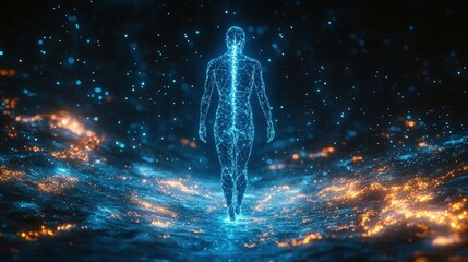 Abstract digital representation of a human figure walking through a vibrant, otherworldly landscape