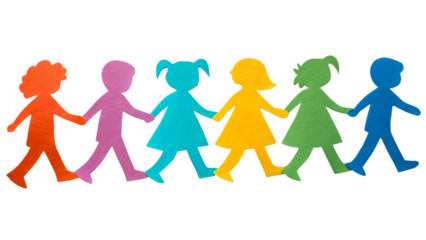 colorful hand made paper silhouette cutouts of children holding hands, png transparent background