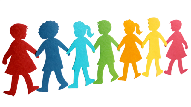 colorful hand made paper silhouette cutouts of children holding hands, png transparent background