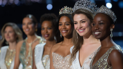 A glamorous moment from the Miss Universe competition, featuring contestants in elegant evening gowns on a brightly lit stage, smiling with confidence under spotlights. 