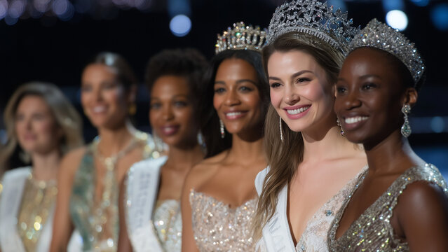 A glamorous moment from the Miss Universe competition, featuring contestants in elegant evening gowns on a brightly lit stage, smiling with confidence under spotlights. 