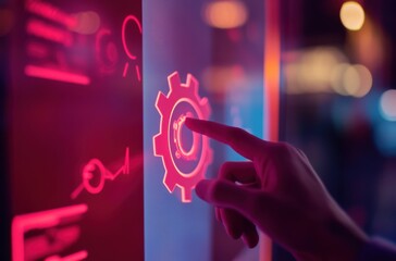 Business professional operating RPA software, touching a gear icon