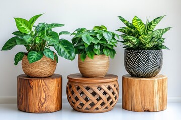Fototapeta premium Indoor plants set on wood. Minimalist setup