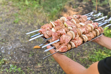 Raw meat on metal skewers rests on tray held by man before grilling. human holds baking sheet with skewers prepared for grilling, filled with seasoned raw meat. Skewers loaded with marinated pieces