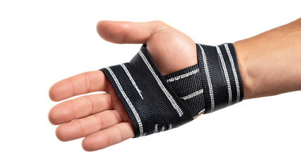 A hand wearing a black and white striped wrist wrap against a plain black background in a studio shot