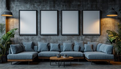 Interior room with a couch and blank wall art