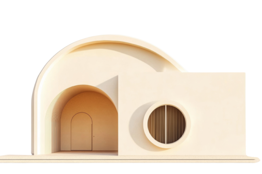 Dreamscape architecture, a minimalist building with curved facade and round window design on transparent