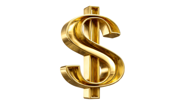 Golden dollar symbol shining on transparent background