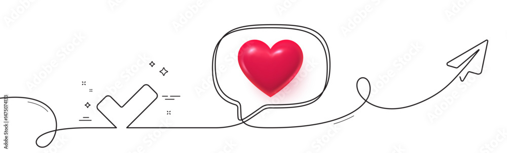 Poster check line icon. continuous line with share plane. approved tick sign. confirm, done or accept symbo