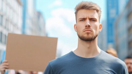 Fototapeta premium Young Man with Serious Expression in Urban Protest Setting