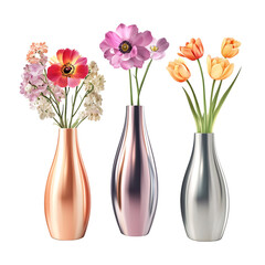 Elegant floral arrangement featuring tulips, anemones, and other flowers in metallic vases on a transparent background Concept of spring, decoration, and floral design