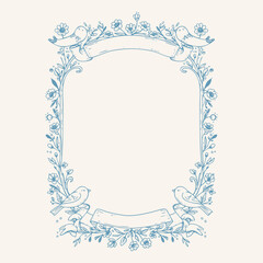 Cute Romantic Elegant Hand Drawn Doodle Frame with Flowers, Birds, and Ribbon – Vintage Floral Border Illustration for Wedding Invitations, Love Posters, and Romantic Stationery Design