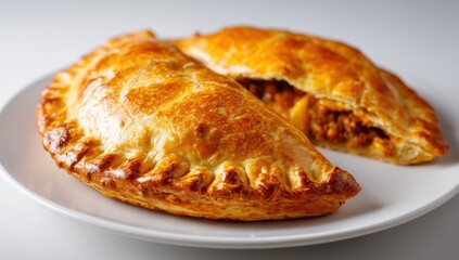 Two Golden Brown Curry Pastries on a White Plate