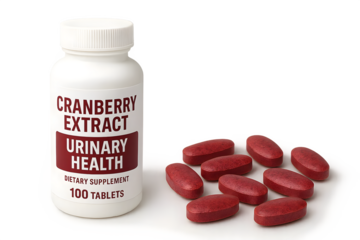 A bottle of cranberry extract dietary supplement with tablets next to it, promoting urinary health. Concept Cranberry Extract Benefits, Urinary Health Support, Dietary Supplements, Natural Remedies