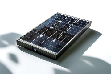 A close-up shot of a modern solar panel, capturing the intricate details of its construction.  The panel lies on a pristine white background, casting a shadow that subtly reveals the light source.