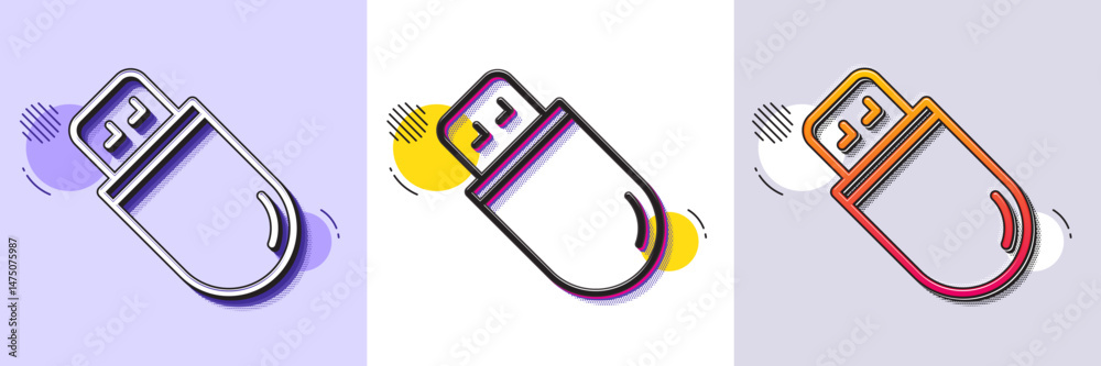 Poster usb stick line icon. halftone dotted pattern. gradient icon with grain shadow. computer memory compo