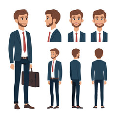  Business man. Character constructor for animation. Front, side and back view set. Body parts, postures, poses collection. Vector illustration.