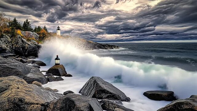 Dramatic coastal scene with lighthouse and waves crashing