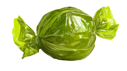 Green candy wrapped in transparent plastic on a clear background