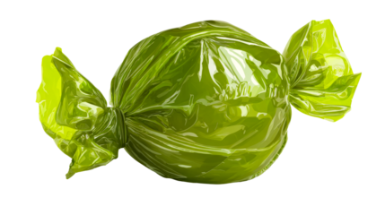 Green candy wrapped in transparent plastic on a clear background