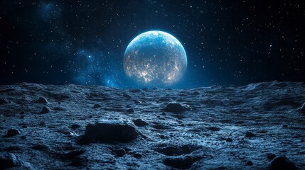 Obraz premium Distant planet seen from a rocky surface under a starry, dark sky