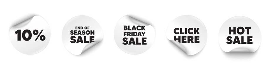 Discount sticker tag. Season sale, Black friday paper price banners. 10 percent off sale tag. Discount offer price sign. Special offer symbol. Click here sticker. Vector