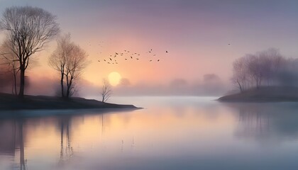 Fototapeta premium Serene Dawn: A Tranquil Morning by the Water..