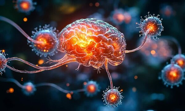 Brain cells interacting with pathogens