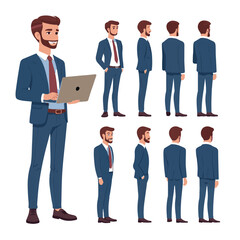  Business man. Character constructor for animation. Front, side and back view set. Body parts, postures, poses collection. Vector illustration.