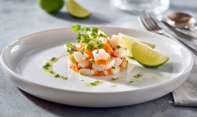 A plate with a fresh seafood ceviche, garnished with cilantro and lime