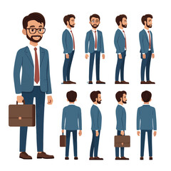  Business man. Character constructor for animation. Front, side and back view set. Body parts, postures, poses collection. Vector illustration.