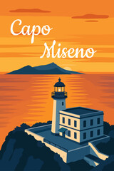 il faro di Capo Miseno, rappresentato e visto in chiave artistica, il sole tramonta dietro Ischia e il faro illumina la notte 