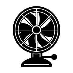 Illustration of a black and white electric fan with circular blades on a stand and speed control knob