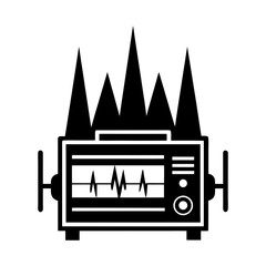 Black and white electrocardiograph machine with a waveform display and a set of tall spikes behind it