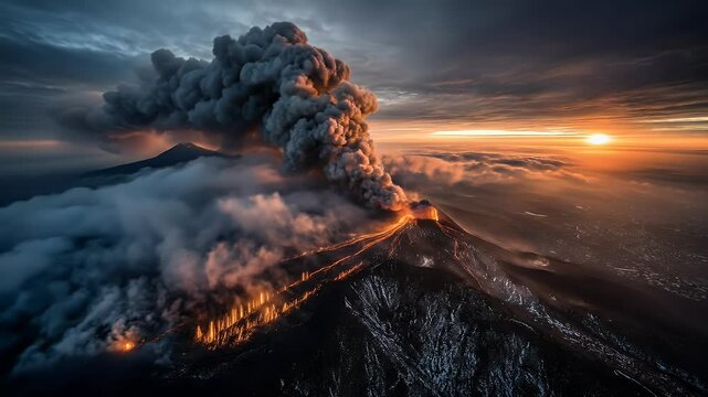 Volcano eruption sunset aerial