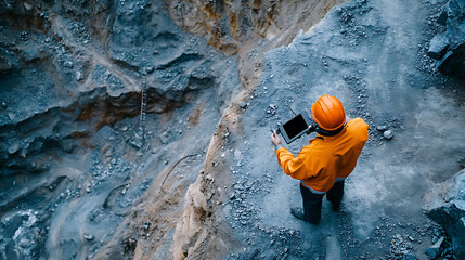 Geologist Examining Rock Formation with Tablet