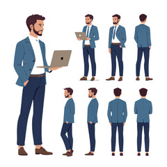  Business man. Character constructor for animation. Front, side and back view set. Body parts, postures, poses collection. Vector illustration.