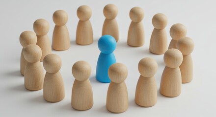Wooden figures arranged in a circle with one blue figure in the center.