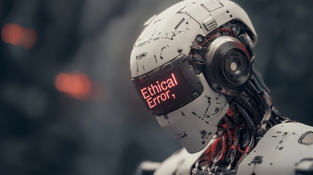 A futuristic AI robot showing a glitch that says "Ethical Error," symbolizing morality in tech,