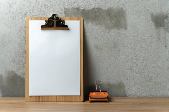 A wooden clipboard with blank white paper stands on a wooden desk against a textured gray concrete wall, orange note cards beside it, ready for notes or messages.