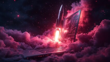 Laptop propels rocket through red cloudscape