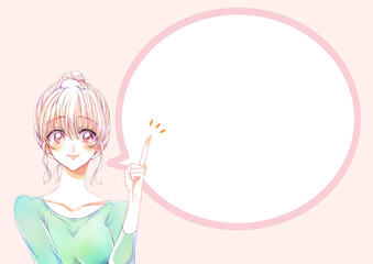 人差し指をさして話すお団子頭の女性　吹き出し