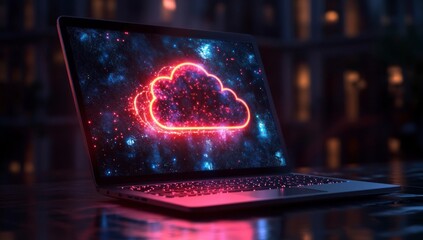 Laptop shows cloud data amid bright colors