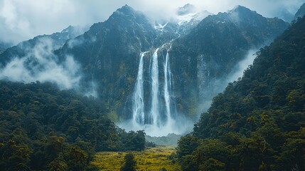Fototapeta premium Majestic waterfall cascading down a misty mountain.