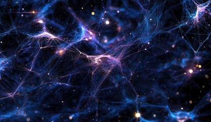 Cosmic network of interconnected glowing filaments against a deep space backdrop.  Vast network of light-filled space structures