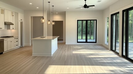 Sunlit Modern Kitchen Island and Glass Doors, Interior Design, Home Decor Home Renovation, New Build