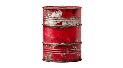 Rusty red metal barrel with weathered surface and visible wear