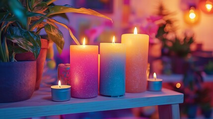 Illuminated candles and potted plants on a shelf in soft colorful lighting