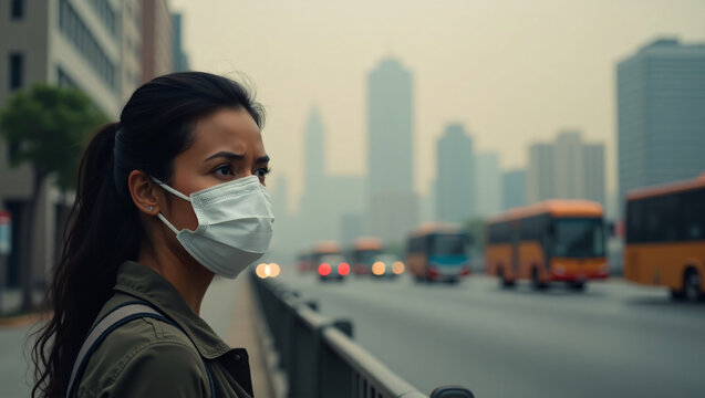 A woman in a face mask stands at a bus stop in a city with air pollution. The air is hazy and the cityscape is in the background. She looks concerned, suggesting the severity of the pollution