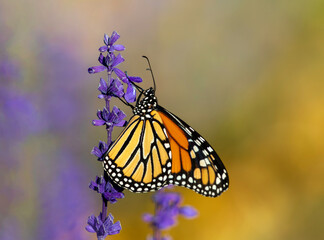 A Beautiful Monarch Butterfly lands on a Mealycup Sage plant to pollinate its flowers. Close up view.